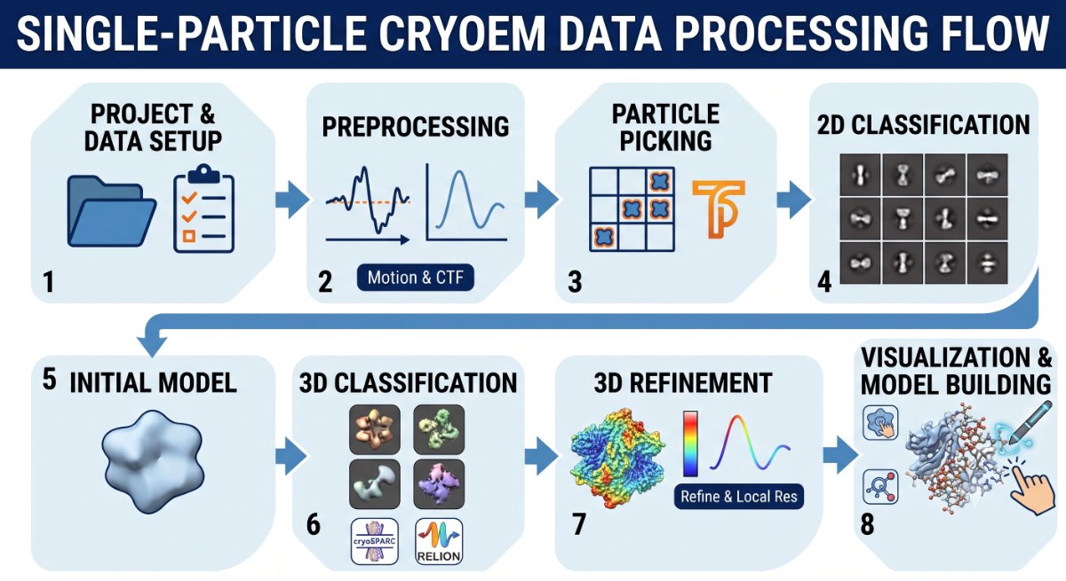 Single-particle cryo-EM data processing flow: project and data setup, preprocessing, particle picking, 2D classification, initial model, 3D classification, 3D refinement, visualization and model building