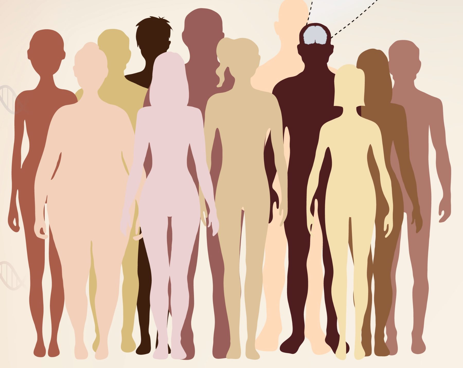Diverse group of silhouettes representing the community, with a DNA helix and brain highlighted