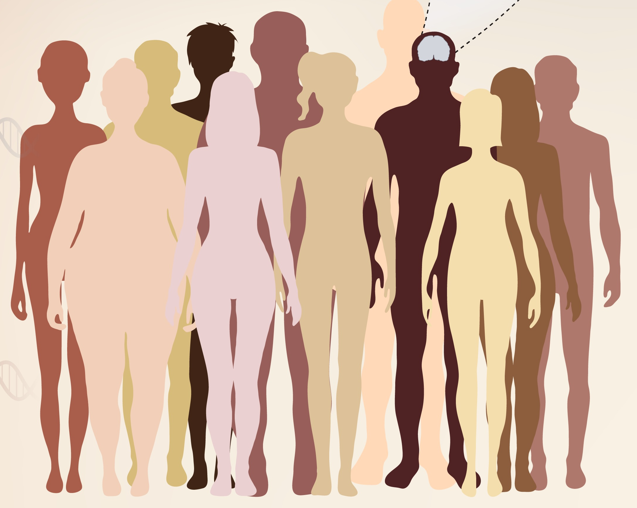 Diverse group of silhouettes representing the community, with a DNA helix and brain highlighted
