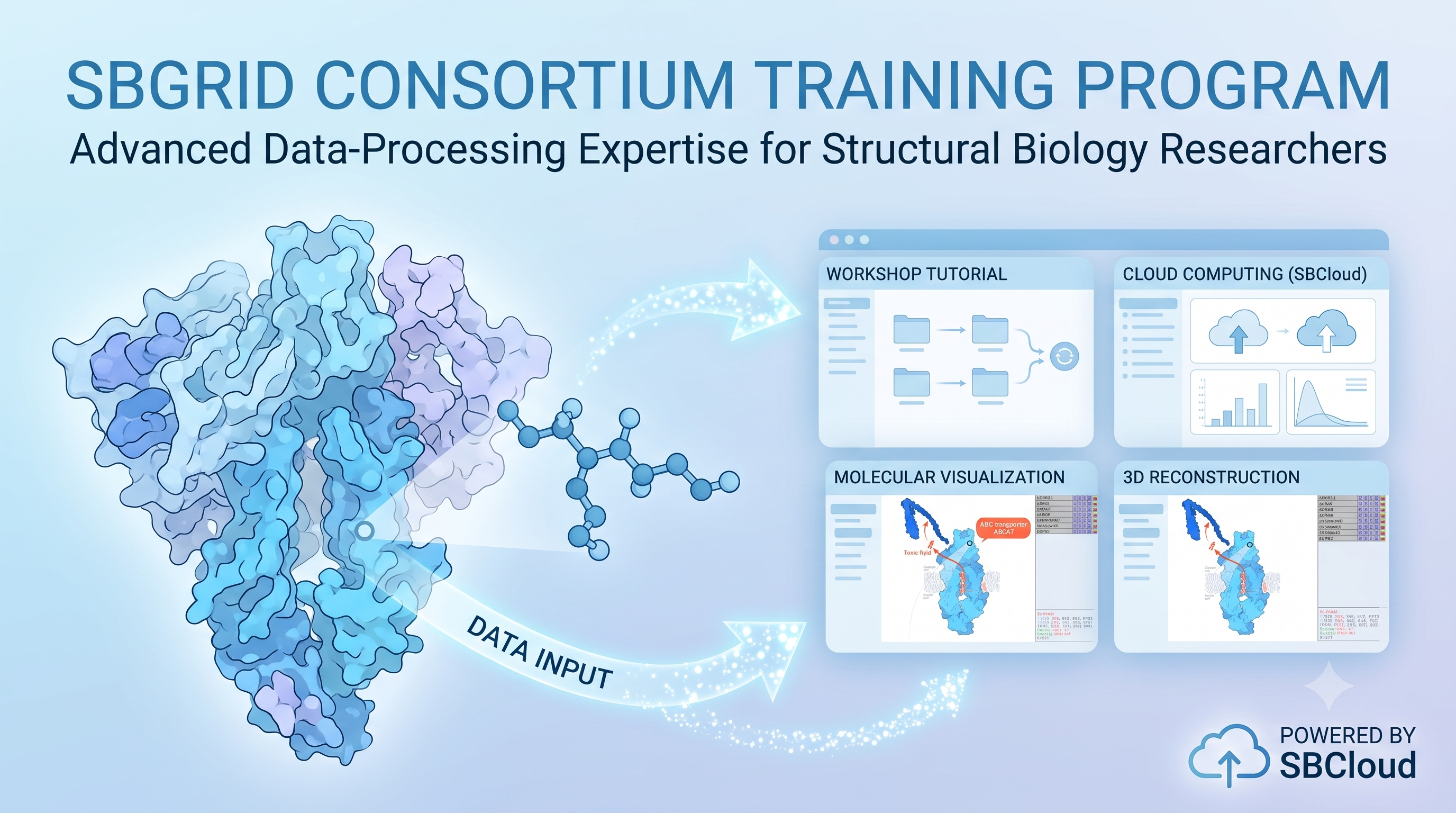 SBGrid Consortium Training Program infographic showing workshop tutorial, SBCloud cloud computing, molecular visualization, and 3D reconstruction panels